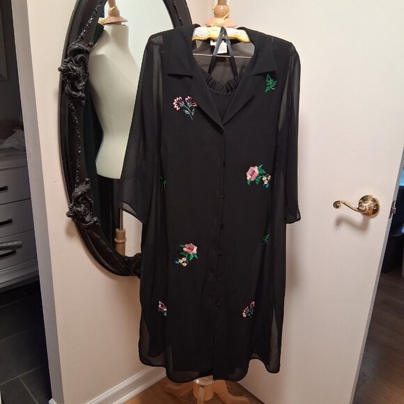 KARIN STEVENS KSL Vintage Black Embroidered Duster, Pants & Top 3 pc Set sz - Picture 1 of 9